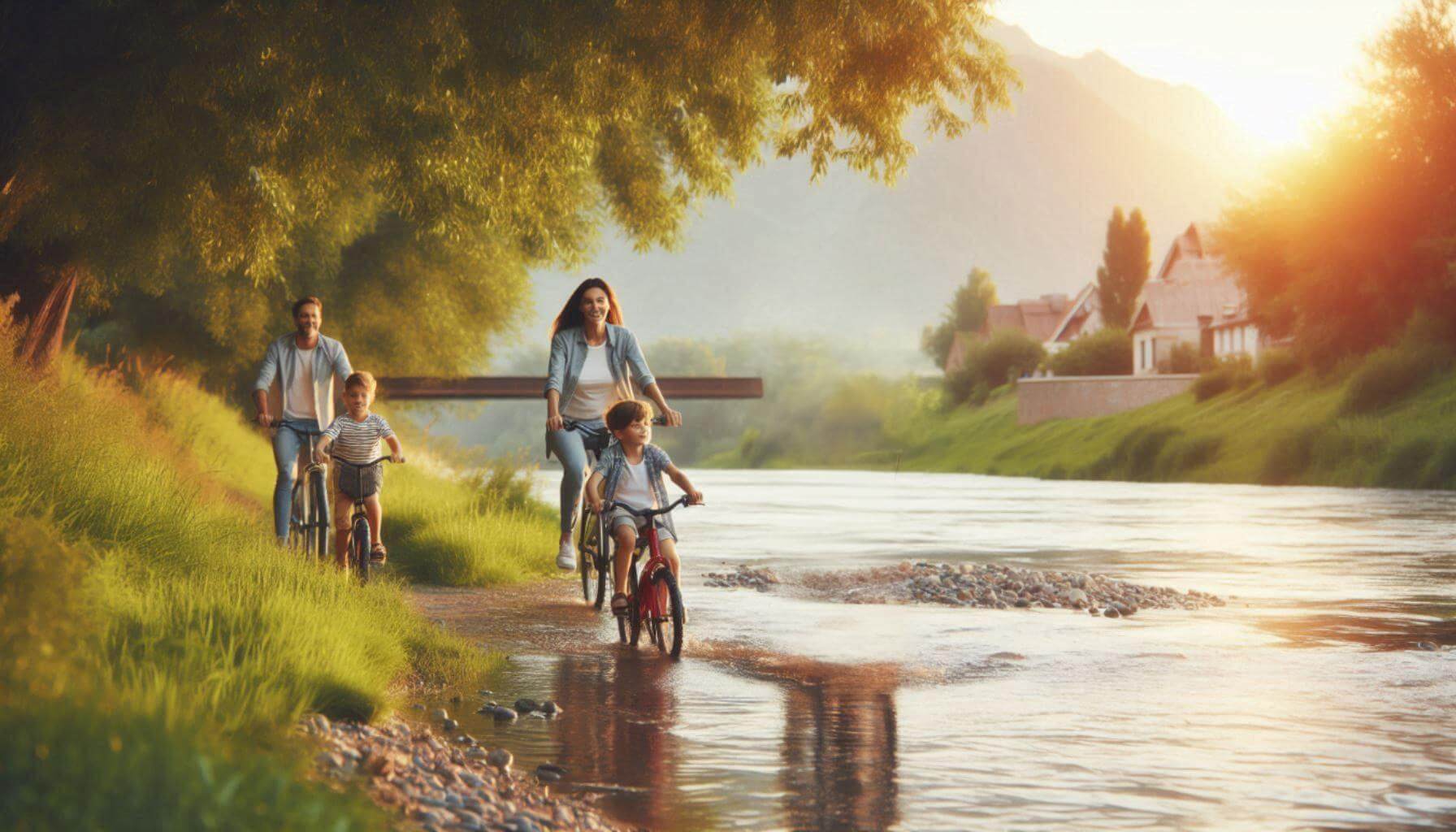 Eine Familie mit zwei Kindern fährt entlang eines Flusses mit dem Fahrrad.