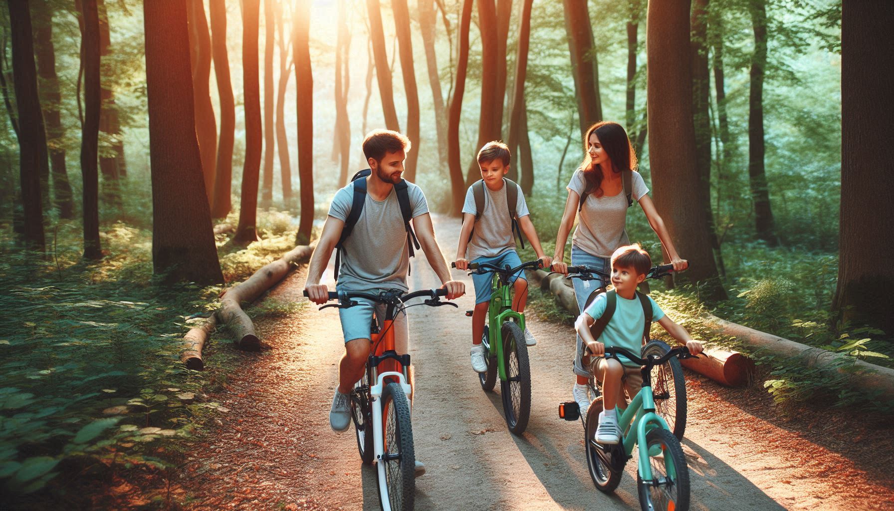 Eine Familie mit zwei Kindern fährt mit dem Fahrrad durch den Wald.